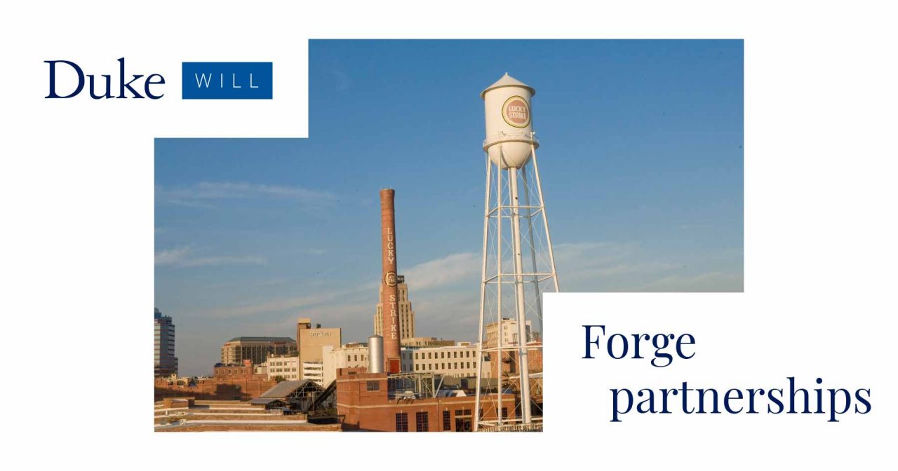 Duke Will teaser image: The Lucky Strike water tower and smoke stack stand against the Durham skyline