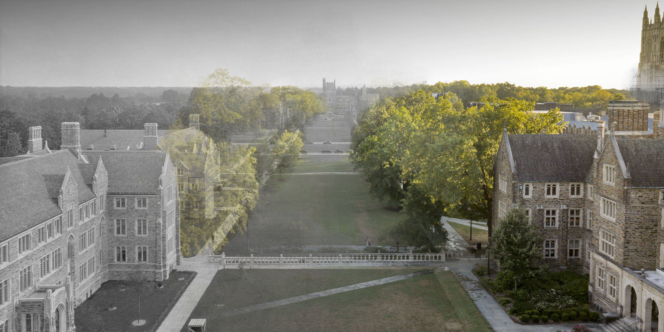 Davidson Quad transitioning left-to-right from an early photo of Duke's West Campus to a modern photo